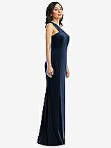 Side View Thumbnail - Midnight Navy One-Shoulder Velvet Trumpet Gown with Front Slit