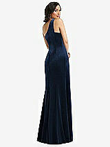 Rear View Thumbnail - Midnight Navy One-Shoulder Velvet Trumpet Gown with Front Slit