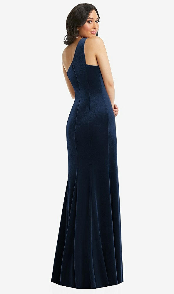 Back View - Midnight Navy One-Shoulder Velvet Trumpet Gown with Front Slit