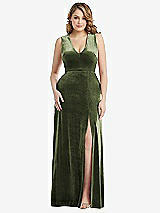 Front View Thumbnail - Olive Green Deep V-Neck Sleeveless Velvet Maxi Dress with Pockets
