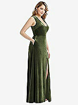 Side View Thumbnail - Olive Green Deep V-Neck Sleeveless Velvet Maxi Dress with Pockets