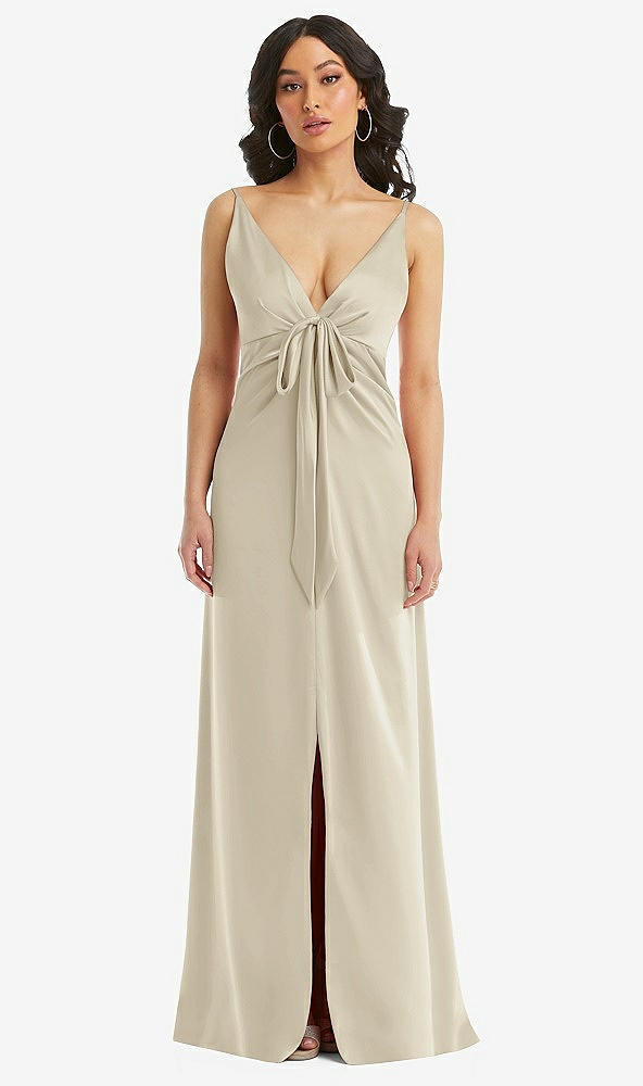 Front View - Champagne Skinny Strap Plunge Neckline Maxi Dress with Bow Detail
