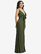 Side View Thumbnail - Olive Green Skinny Strap Plunge Neckline Maxi Dress with Bow Detail