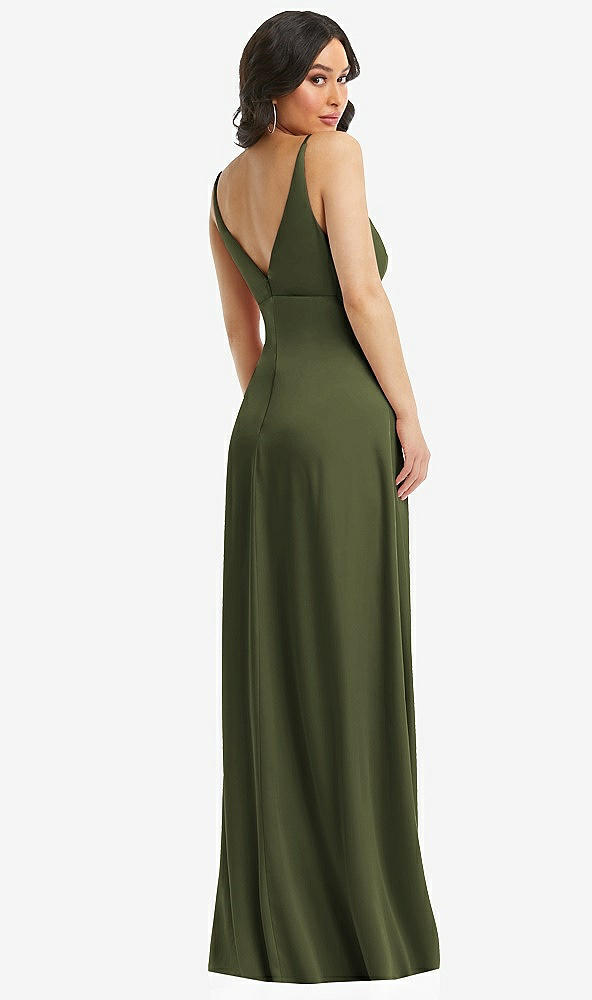 Back View - Olive Green Skinny Strap Plunge Neckline Maxi Dress with Bow Detail