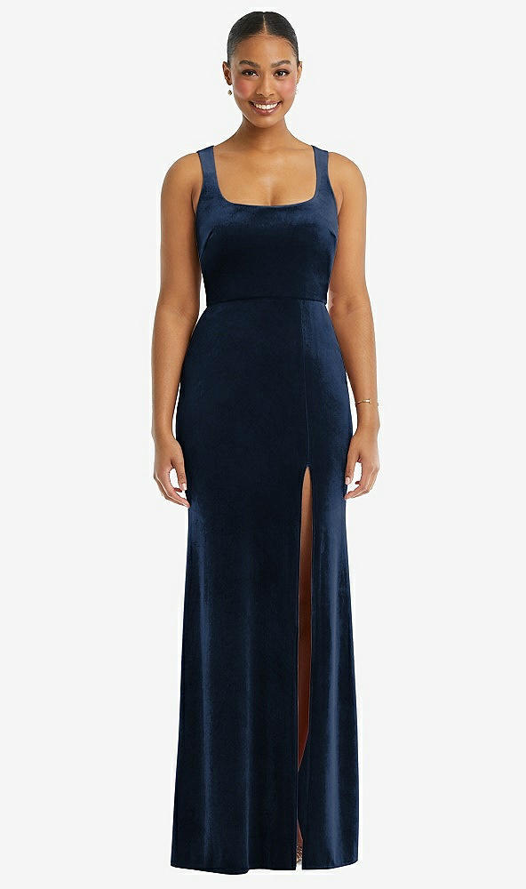 Front View - Midnight Navy Square Neck Closed Back Velvet Maxi Dress 