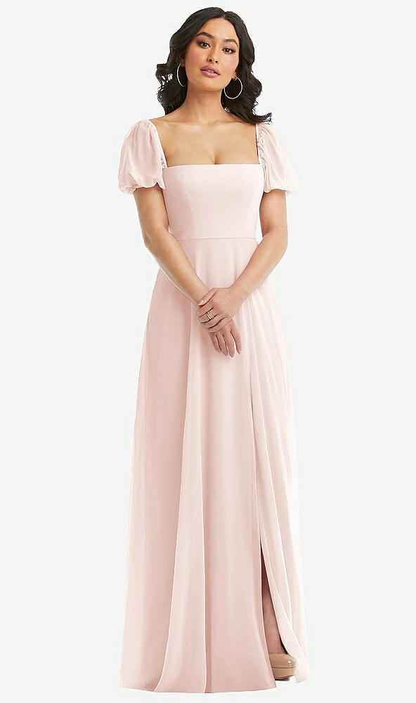 Front View - Blush Puff Sleeve Chiffon Maxi Dress with Front Slit