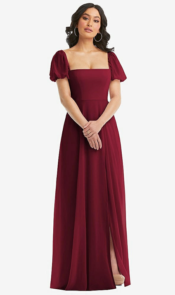 Front View - Burgundy Puff Sleeve Chiffon Maxi Dress with Front Slit