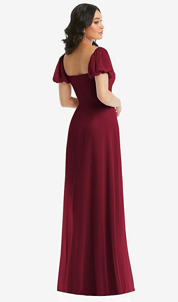Back View - Burgundy Puff Sleeve Chiffon Maxi Dress with Front Slit