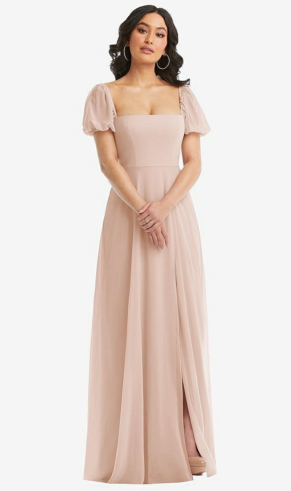 Front View - Cameo Puff Sleeve Chiffon Maxi Dress with Front Slit