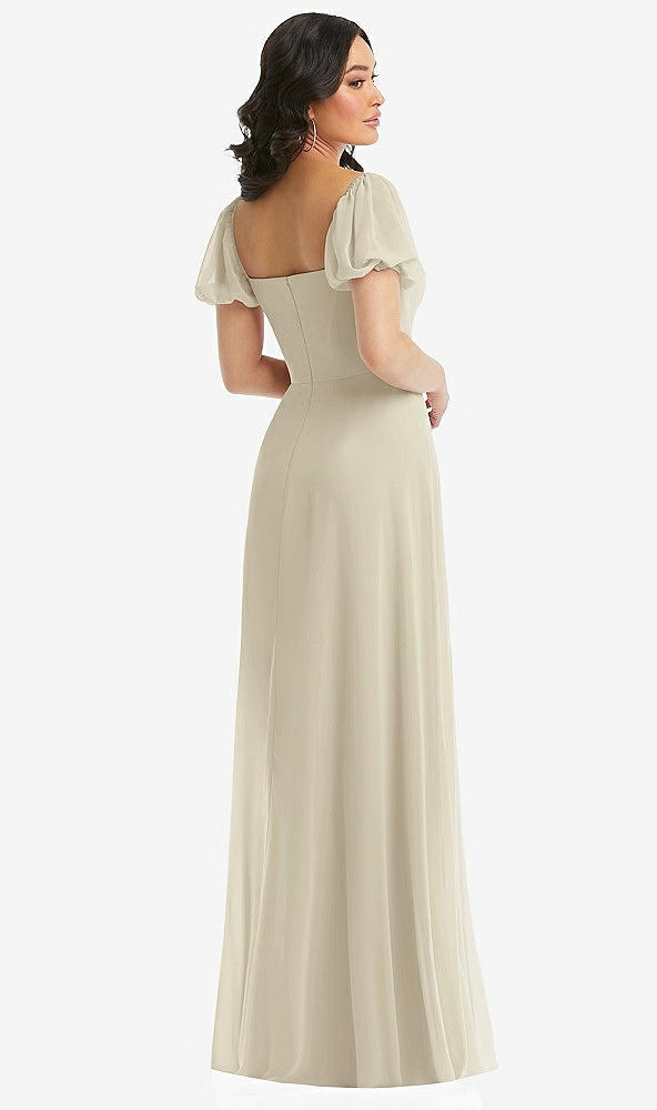 Back View - Champagne Puff Sleeve Chiffon Maxi Dress with Front Slit