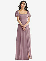 Front View Thumbnail - Dusty Rose Puff Sleeve Chiffon Maxi Dress with Front Slit
