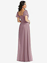Rear View Thumbnail - Dusty Rose Puff Sleeve Chiffon Maxi Dress with Front Slit