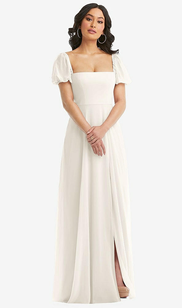 Front View - Ivory Puff Sleeve Chiffon Maxi Dress with Front Slit