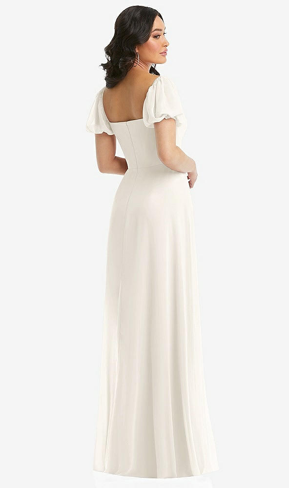 Back View - Ivory Puff Sleeve Chiffon Maxi Dress with Front Slit