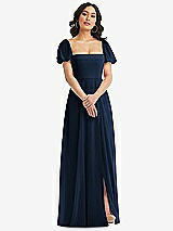 Front View Thumbnail - Midnight Navy Puff Sleeve Chiffon Maxi Dress with Front Slit