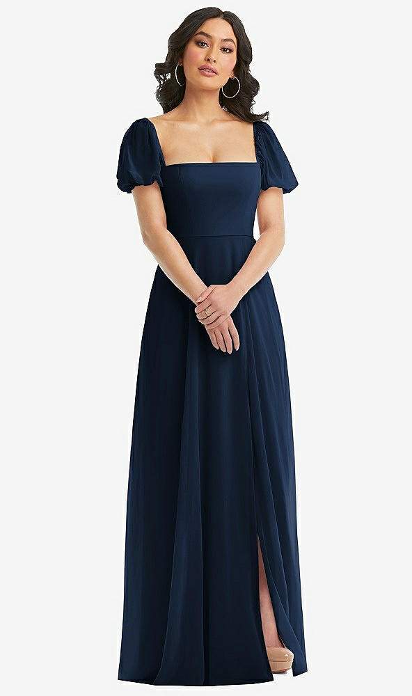 Front View - Midnight Navy Puff Sleeve Chiffon Maxi Dress with Front Slit