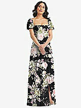 Front View Thumbnail - Noir Garden Puff Sleeve Chiffon Maxi Dress with Front Slit