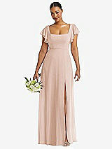 Front View Thumbnail - Cameo Flutter Sleeve Scoop Open-Back Chiffon Maxi Dress