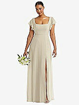 Front View Thumbnail - Champagne Flutter Sleeve Scoop Open-Back Chiffon Maxi Dress