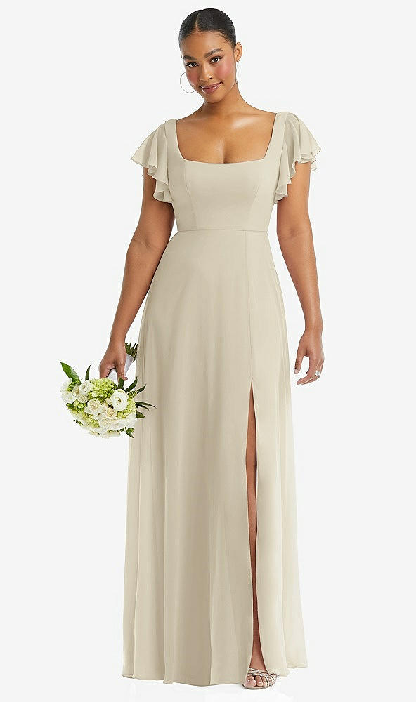 Front View - Champagne Flutter Sleeve Scoop Open-Back Chiffon Maxi Dress
