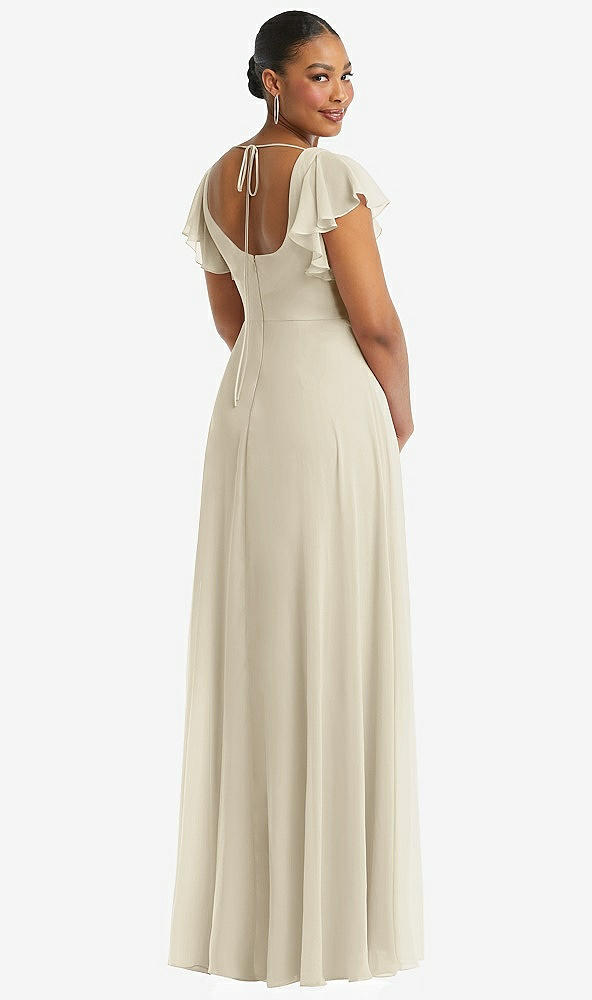 Back View - Champagne Flutter Sleeve Scoop Open-Back Chiffon Maxi Dress