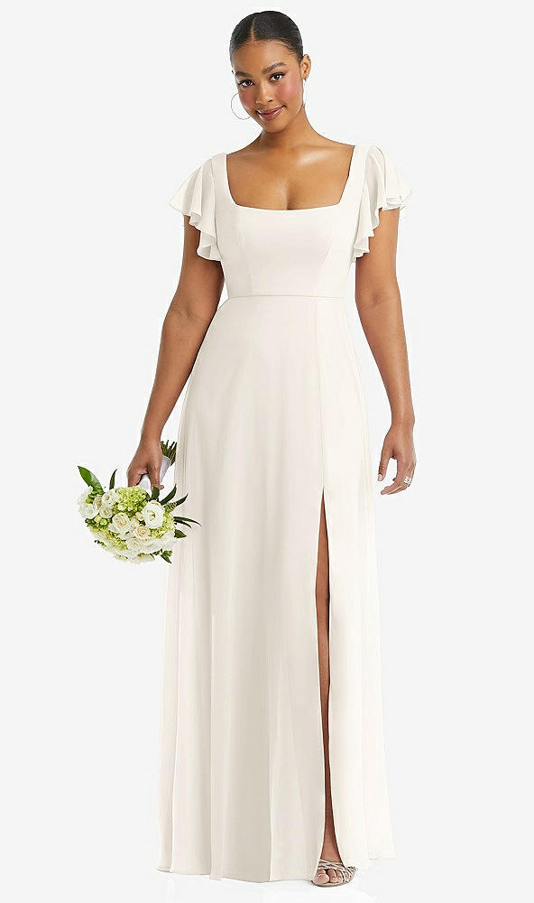 Front View - Ivory Flutter Sleeve Scoop Open-Back Chiffon Maxi Dress