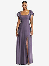 Alt View 1 Thumbnail - Lavender Flutter Sleeve Scoop Open-Back Chiffon Maxi Dress