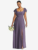 Front View Thumbnail - Lavender Flutter Sleeve Scoop Open-Back Chiffon Maxi Dress