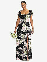 Front View Thumbnail - Noir Garden Flutter Sleeve Scoop Open-Back Chiffon Maxi Dress