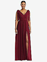 Front View Thumbnail - Burgundy Plunge Neckline Bow Shoulder Empire Waist Chiffon Maxi Dress