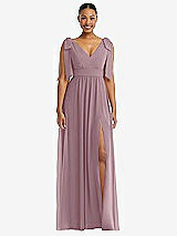 Front View Thumbnail - Dusty Rose Plunge Neckline Bow Shoulder Empire Waist Chiffon Maxi Dress