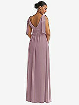 Rear View Thumbnail - Dusty Rose Plunge Neckline Bow Shoulder Empire Waist Chiffon Maxi Dress
