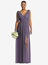 Alt View 1 Thumbnail - Lavender Plunge Neckline Bow Shoulder Empire Waist Chiffon Maxi Dress