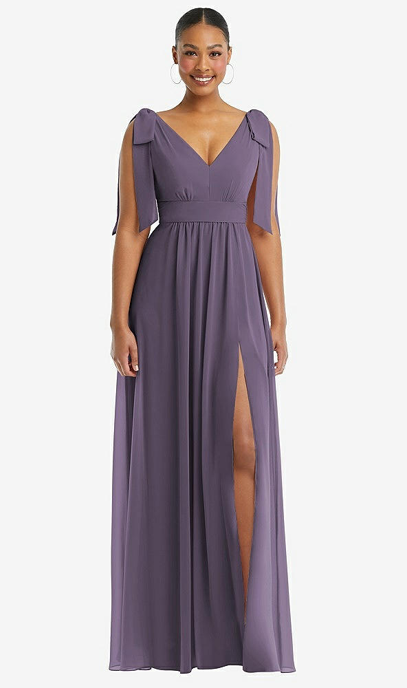 Front View - Lavender Plunge Neckline Bow Shoulder Empire Waist Chiffon Maxi Dress