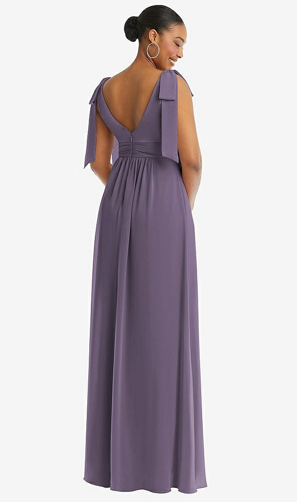 Back View - Lavender Plunge Neckline Bow Shoulder Empire Waist Chiffon Maxi Dress