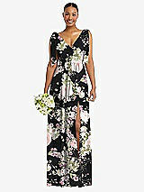 Alt View 1 Thumbnail - Noir Garden Plunge Neckline Bow Shoulder Empire Waist Chiffon Maxi Dress