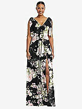 Front View Thumbnail - Noir Garden Plunge Neckline Bow Shoulder Empire Waist Chiffon Maxi Dress