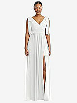 Front View Thumbnail - White Plunge Neckline Bow Shoulder Empire Waist Chiffon Maxi Dress