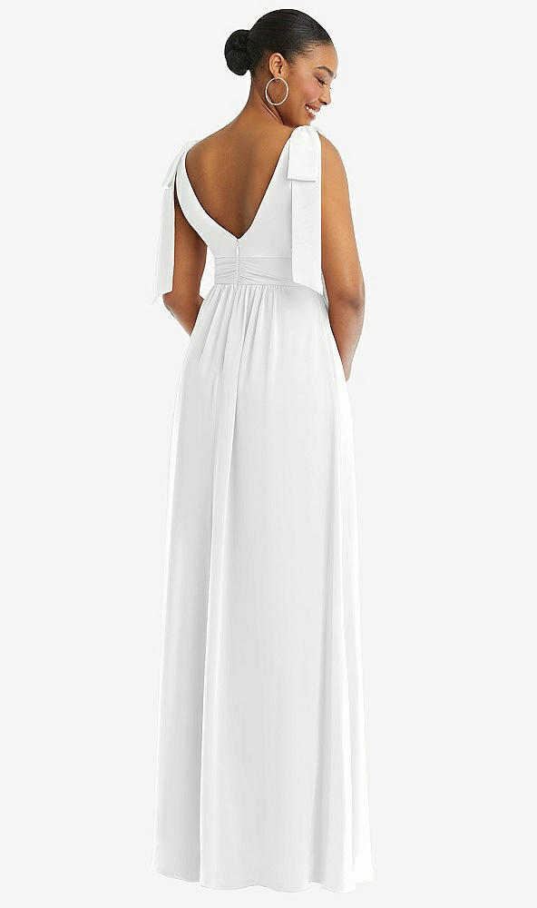 Back View - White Plunge Neckline Bow Shoulder Empire Waist Chiffon Maxi Dress