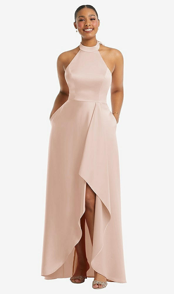 Front View - Cameo High-Neck Tie-Back Halter Cascading High Low Maxi Dress