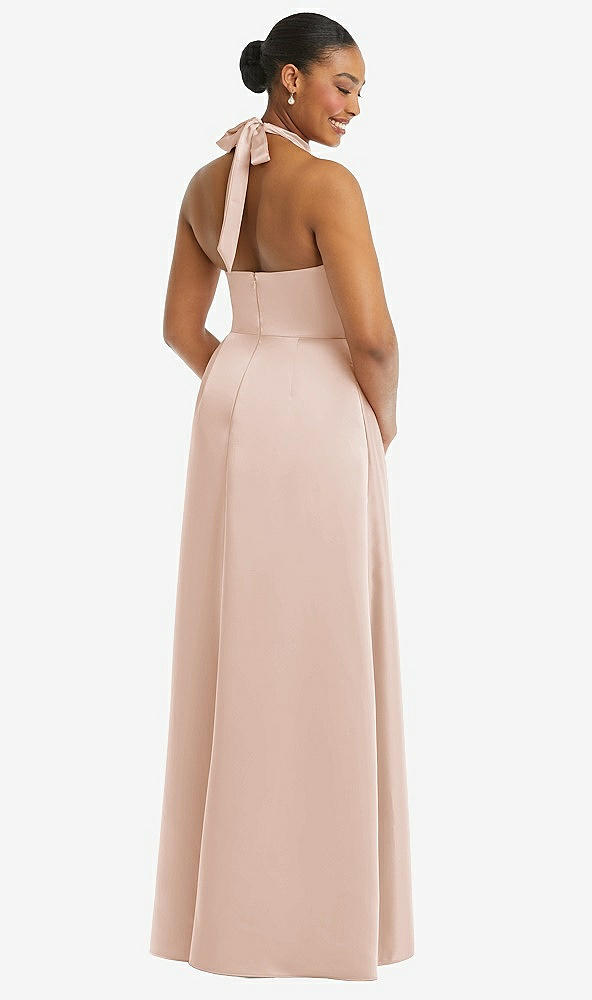 Back View - Cameo High-Neck Tie-Back Halter Cascading High Low Maxi Dress