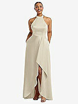 Front View Thumbnail - Champagne High-Neck Tie-Back Halter Cascading High Low Maxi Dress