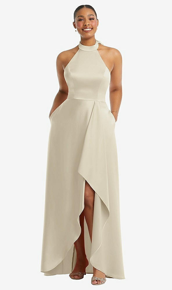 Front View - Champagne High-Neck Tie-Back Halter Cascading High Low Maxi Dress