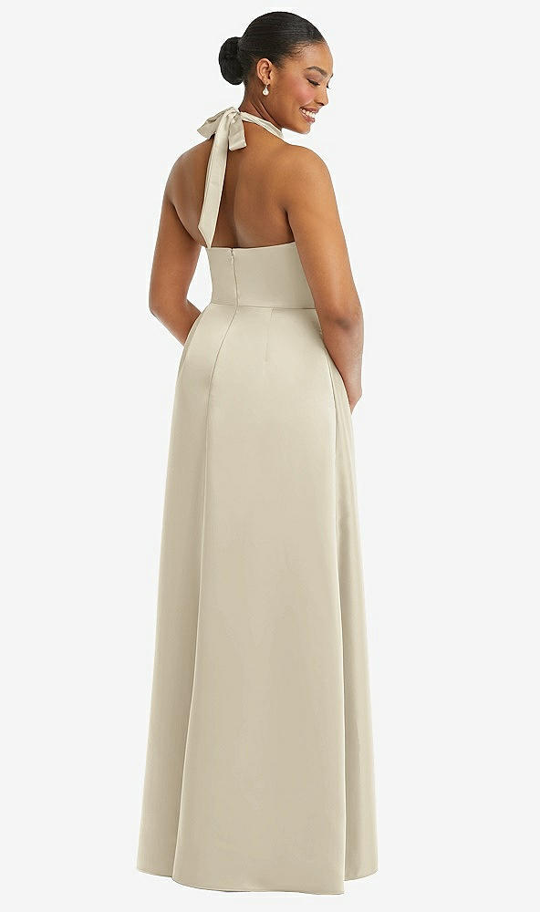 Back View - Champagne High-Neck Tie-Back Halter Cascading High Low Maxi Dress