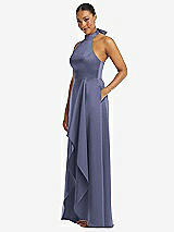 Side View Thumbnail - French Blue High-Neck Tie-Back Halter Cascading High Low Maxi Dress