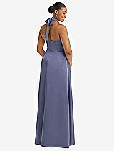 Rear View Thumbnail - French Blue High-Neck Tie-Back Halter Cascading High Low Maxi Dress