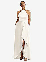 Front View Thumbnail - Ivory High-Neck Tie-Back Halter Cascading High Low Maxi Dress