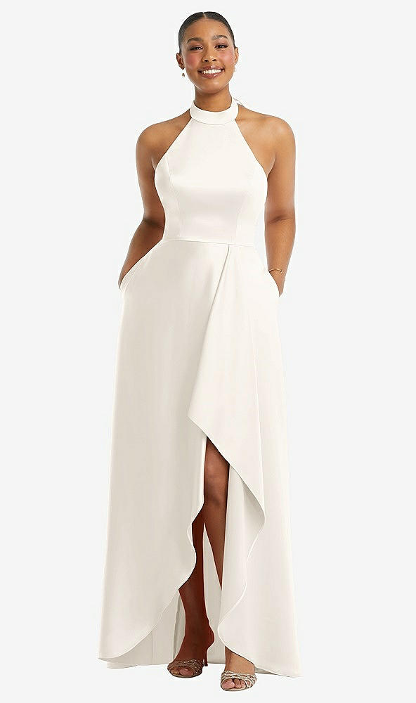 Front View - Ivory High-Neck Tie-Back Halter Cascading High Low Maxi Dress