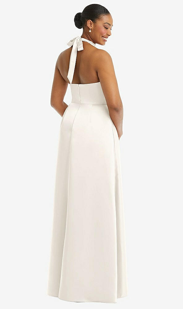 Back View - Ivory High-Neck Tie-Back Halter Cascading High Low Maxi Dress