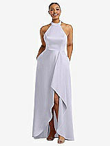 Front View Thumbnail - Silver Dove High-Neck Tie-Back Halter Cascading High Low Maxi Dress